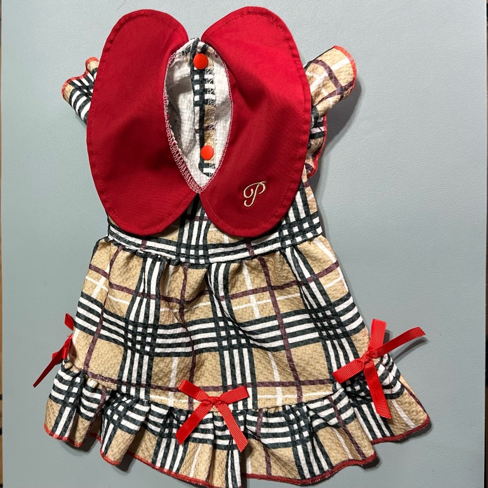 Pet Circle Classic Check Noble Dress Red/Tan/Blk w/red Bows S